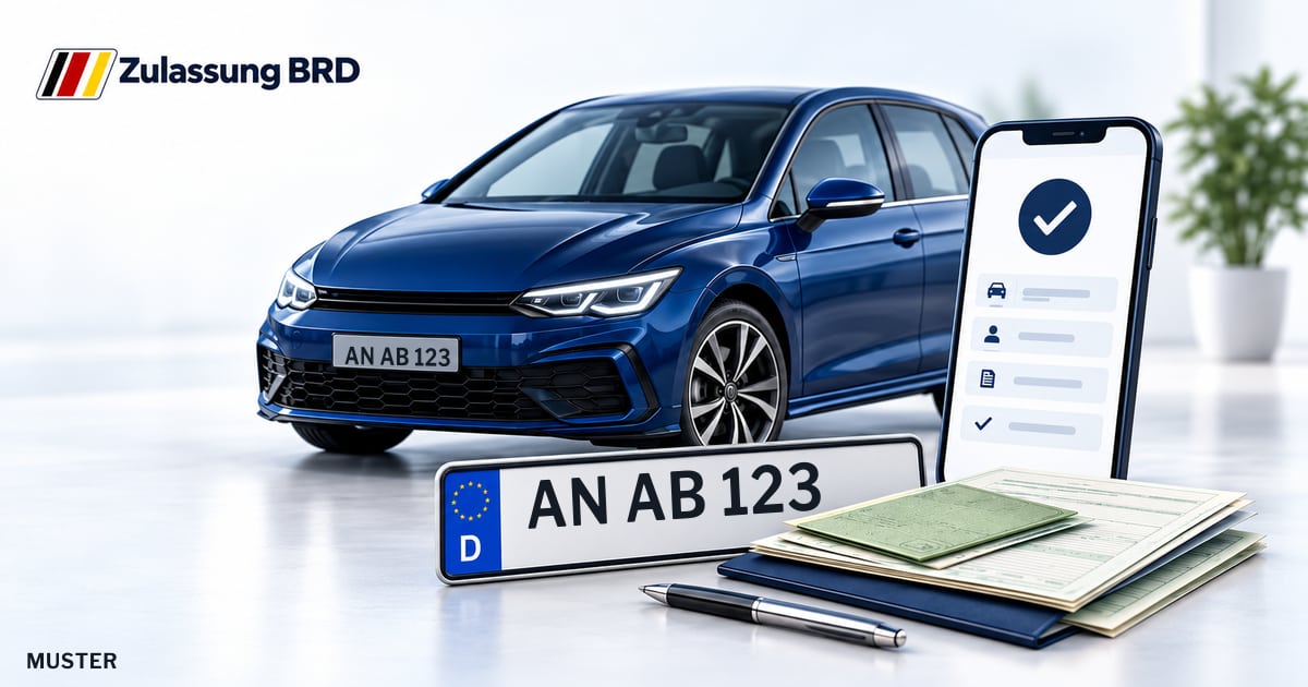 Online Fahrzeugzulassung in Ansbach: Musterkennzeichen AN AB 123, Auto und Fahrzeugpapiere und Smartphone. Illustration mit Logo von Zulassung BRD.
